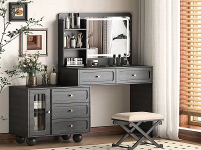 Modern Dark Gray Dressing Table With Mirror Drawers And Stool In Bedroom Interior 3d model