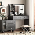 Modern Dark Gray Dressing Table With Mirror Drawers And Stool In Bedroom Interior