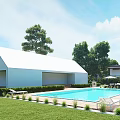 Modern White Detached Villa Exterior With Green Lawn And Trees Pathway Entrance Area