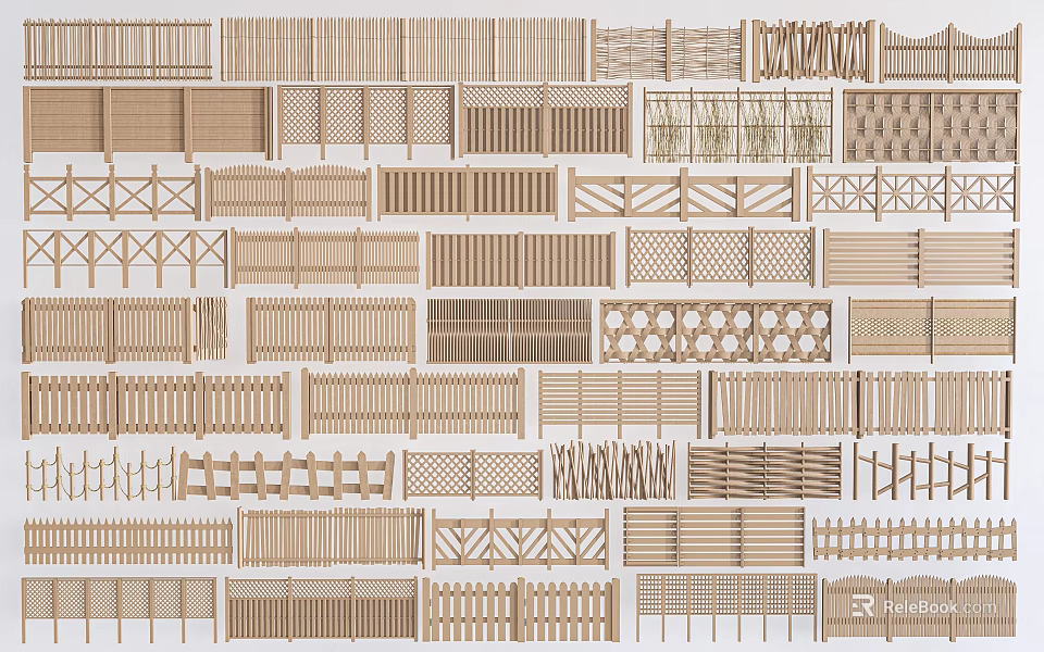 Various Wooden Fence Designs With Different Patterns And Styles For Outdoor Use 3d model 