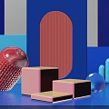 Modern Colorful Geometric Display with Pink Textured Cylinder Arch Steps Blue Columns Transparent Sphere
