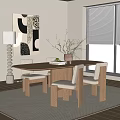 Modern Minimalist Wooden Dining Table Set With Four Chairs Vase Floor Lamp And Abstract Art