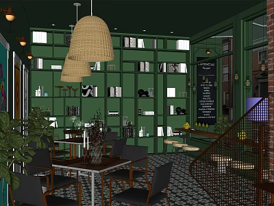 Café Interior With Green Walls Bookshelves Bamboo Pendant Lights Potted Plants Tables And Blackboard Menu 3d model