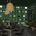 Café Interior With Green Walls Bookshelves Bamboo Pendant Lights Potted Plants Tables And Blackboard Menu