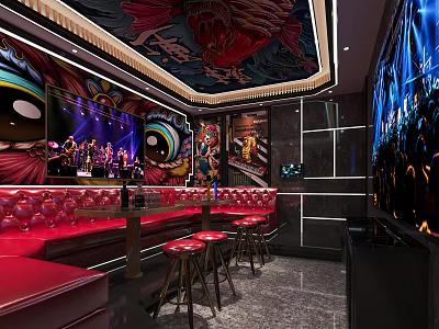 Modern KTV Interior Design With Red Sofa Stools Table And Colorful Ceiling Mural Lighting 3d model