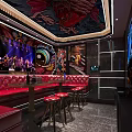 Modern KTV Interior Design With Red Sofa Stools Table And Colorful Ceiling Mural Lighting 3d model
