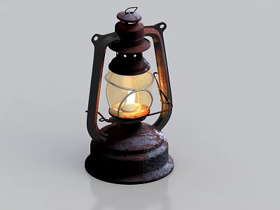Vintage Candle Lamp With Metal Frame Glass Shade And Burning Candle 3d model