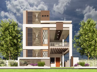 Modern Detached Villa Exterior with Stone Accents Balcony Brown Door and Green Trees 3d model