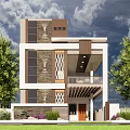 Modern Detached Villa Exterior with Stone Accents Balcony Brown Door and Green Trees