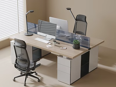 Ergonomic Office Desk And Chair Set With Wooden Top Partition Computer Monitors And Potted Plant 3d model