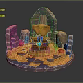 Cartoon Scene with Stone Arch Orange Lava Pool and Blue Glowing Runes Around Central Altar