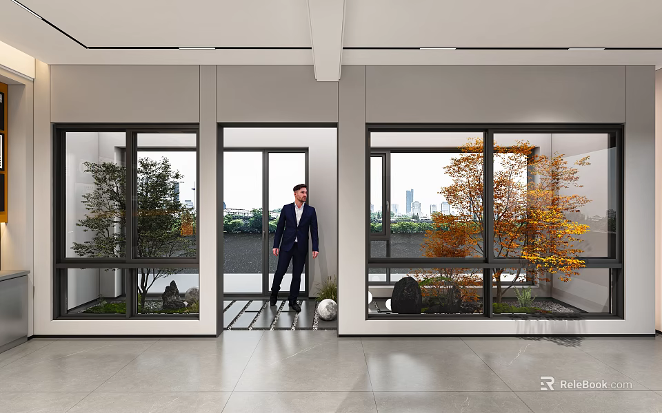 White Spherical Landscape Sculpture in Indoor Space with Large Windows Trees and City Background 3d model 