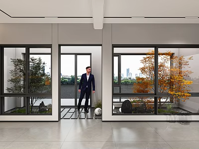 White Spherical Landscape Sculpture in Indoor Space with Large Windows Trees and City Background 3d model