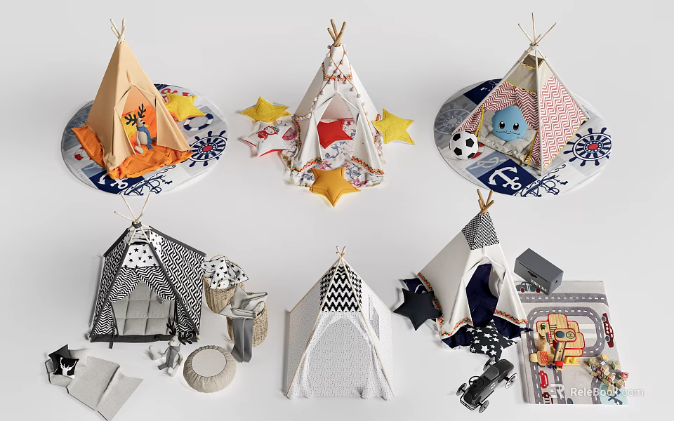 Kids Play Tents With Various Designs Cartoon Patterns Star Decorations And Playful Toys 3d model 