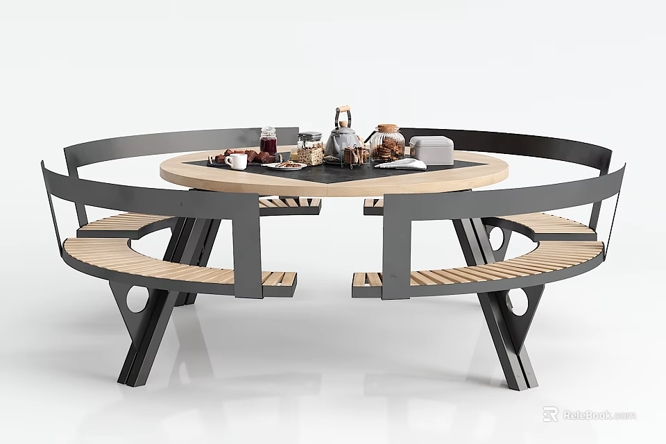 Modern Round Public Chair With Wooden Seats Metal Frame And Central Table 3d model 