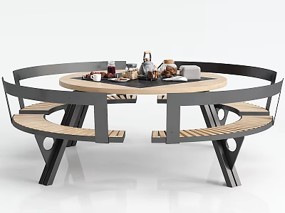 Modern Round Public Chair With Wooden Seats Metal Frame And Central Table 3d model