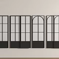 Modern Sliding Doors with Black Frames and Glass Panel Designs on Light-Colored Wall 3d model