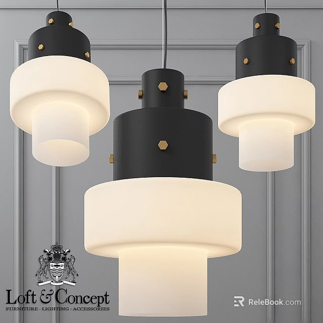 Three Modern Black And White Pendant Lights With Brass Accents And Glass Shades 3d model 