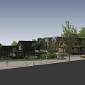 Traditional Modern Commercial Street With Circular Plaza Greenery And Stone Paved Paths