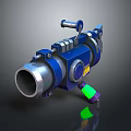 Blue 3D Sci Fi Weapon Cannon With Metallic Barrel Green Glowing Part And Yellow Label 3d model