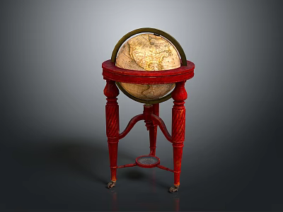 Vintage Educational Globe With Red Carved Stand And Ornate Wooden Base 3d model