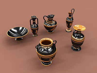 Ancient Style Black Ceramic Vessels Featuring Gold Decorations And Various Shapes 3d model