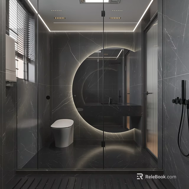 Modern Bathroom Interior Design With Round Backlit Mirror Wall Mounted Toilet And Glass Shower 3d model 