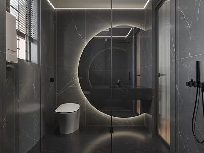 Modern Bathroom Interior Design With Round Backlit Mirror Wall Mounted Toilet And Glass Shower 3d model
