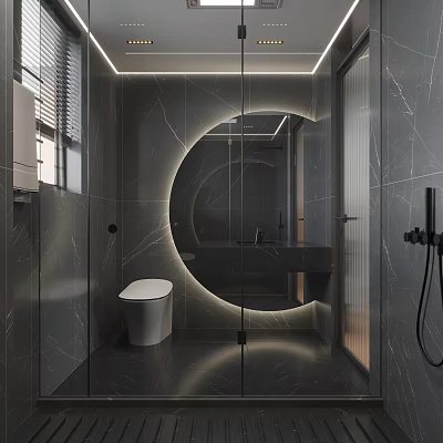 Modern Bathroom Interior Design With Round Backlit Mirror Wall Mounted Toilet And Glass Shower 3d model