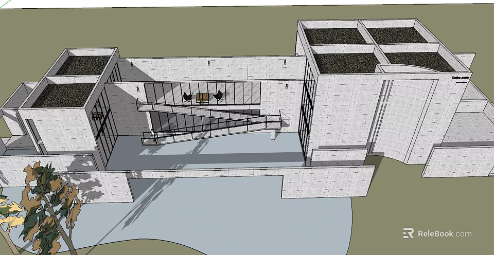 Modern Detached Villa Design With Large Glass Windows Green Roof And Water Feature 3d model 