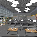 Modern Public Office Space Interior With Desks Computers Sofas Bookshelves And Hexagonal Lights 3d model