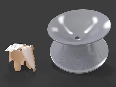 Technology Exhibition Hall Showcasing 3D Printed Elephant Model And Silver Disc 3d model