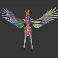 Bird Standing with Outstretched Colorful Golden Purple Wings Red Top Skirt Feathered Headdress High Heels