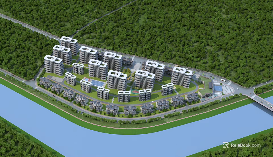 Scenic Well Arranged Modern Residential Buildings With Green Trees And Riverside Lawn 3d model 
