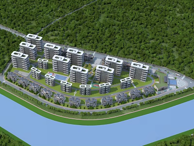 Scenic Well Arranged Modern Residential Buildings With Green Trees And Riverside Lawn 3d model