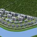 Scenic Well Arranged Modern Residential Buildings With Green Trees And Riverside Lawn