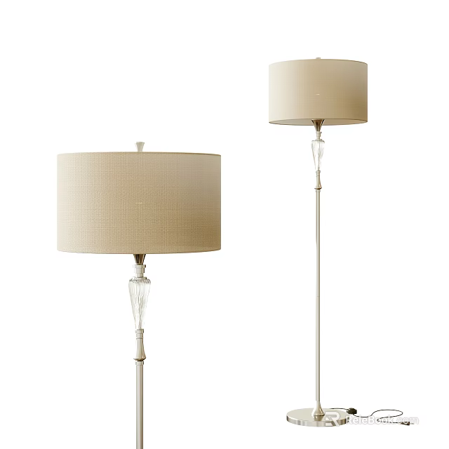 Two Modern Floor Lamps With Beige Fabric Drum Shades And Crystal Accent Poles 3d model 