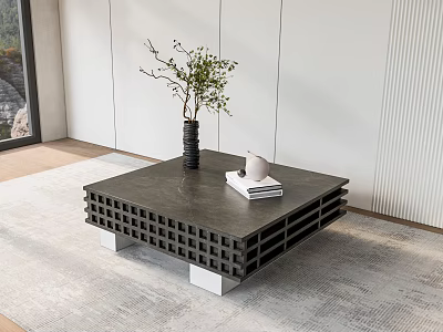 Modern Grid Design Coffee Table With Silver Legs Vase Green Plant Books And White Cup 3d model
