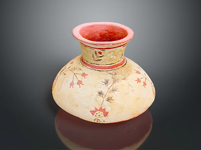 Carved Ceramic Vase with Cream Body Red Rim and Floral Star Patterns Design 3d model