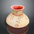 Carved Ceramic Vase with Cream Body Red Rim and Floral Star Patterns Design