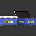 Blue STASH Storage Boxes With Yellow Text One Closed And One Open For Daily Necessities