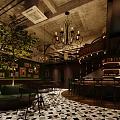 Industrial Style Cafe Interior With Round Wooden Bar Counter Green Stools And Metal Railings
