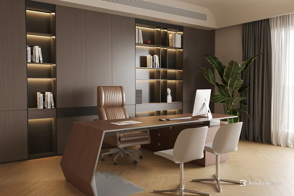 Premium Modern Executive Wooden Office Desk With Comfortable Chairs And Illuminated Built In Bookcase 3d model 