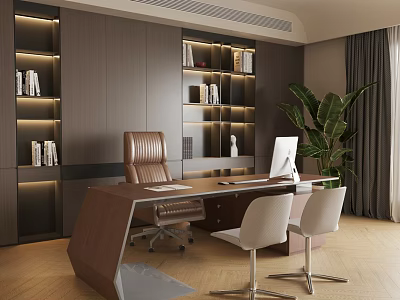 Premium Modern Executive Wooden Office Desk With Comfortable Chairs And Illuminated Built In Bookcase 3d model