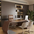 Premium Modern Executive Wooden Office Desk With Comfortable Chairs And Illuminated Built In Bookcase
