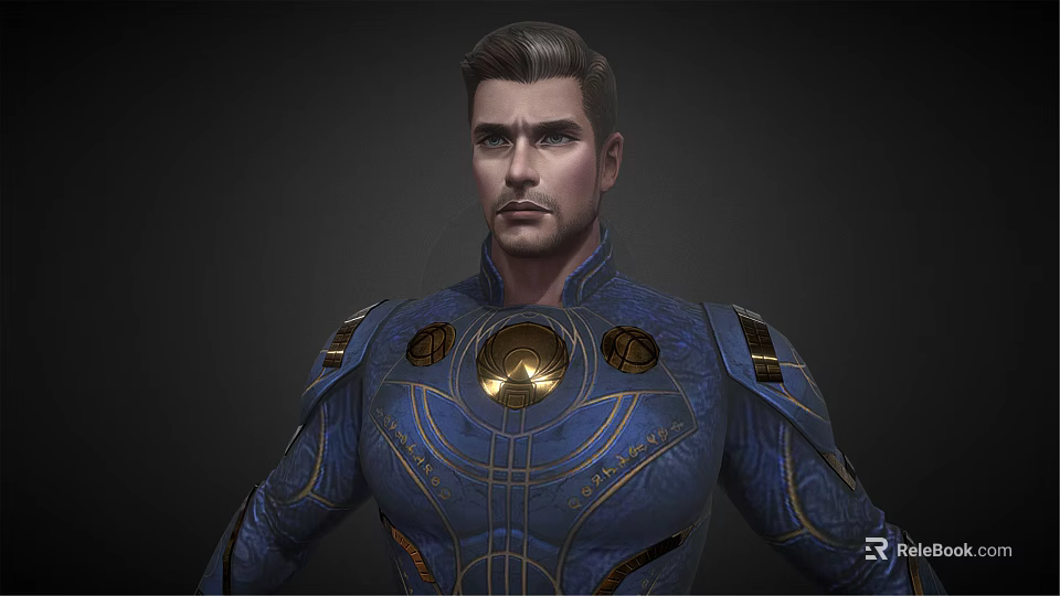 Sci Fi Hero Character In Blue Costume With Gold Accents And Chest Emblem 3d model 