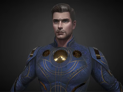 Sci Fi Hero Character In Blue Costume With Gold Accents And Chest Emblem 3d model