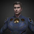 Sci Fi Hero Character In Blue Costume With Gold Accents And Chest Emblem