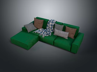 Modern Green L shaped Sofa With Plaid Blanket And Decorative Cushions 3d model