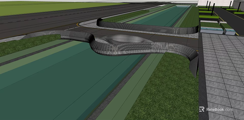 Curved Landscape Bridge with Green Grass and Adjacent Road Design 3d model 